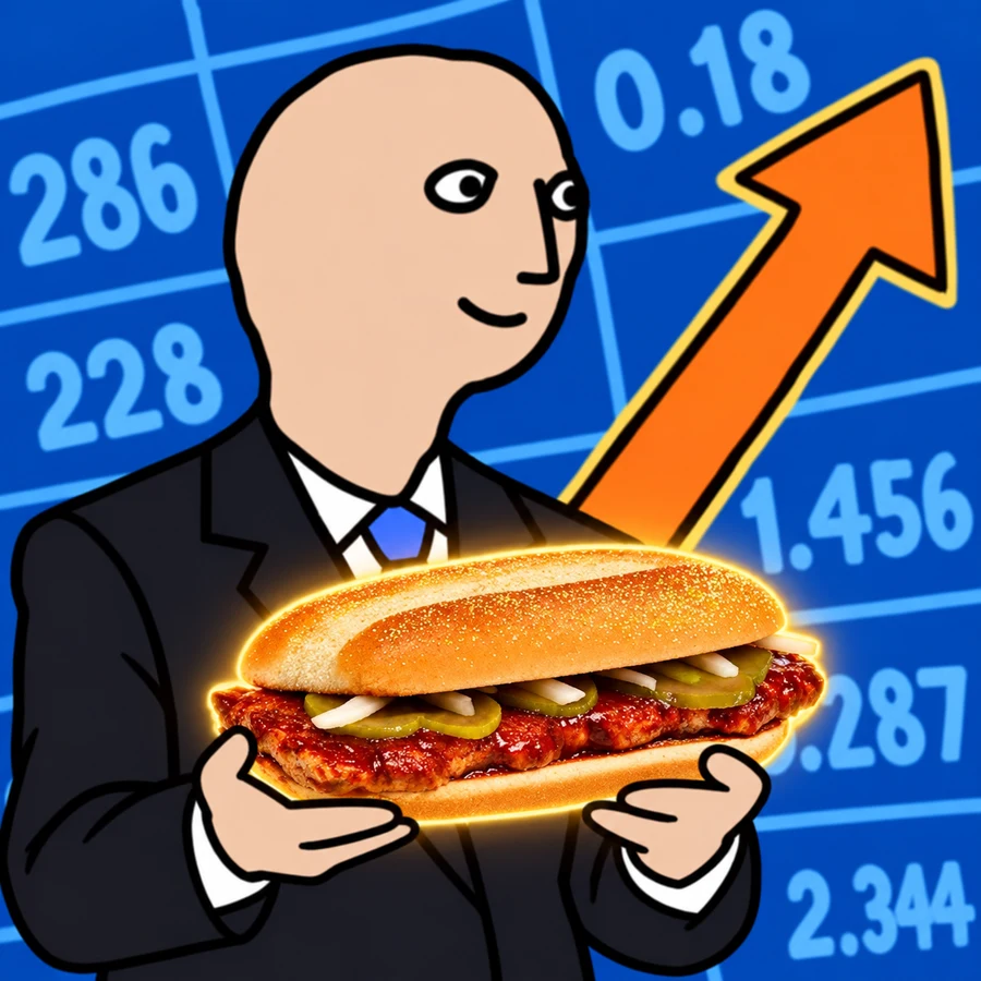 Stonks guy in a suit holding a glowing McRib in front of a chart